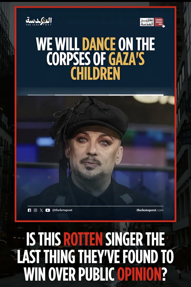 100_alpha's tweet photo. #British singer #BoyGeorge has not only remained silent on the massacres carried out by #Israel but has also decided to turn his voice into a propaganda tool to justify KILLING of #Palestinians, DENY the #Genocide &amp; ATTACK #Artists who have chosen to stand with the victims. https://t.co/5ZFh7YXBy6