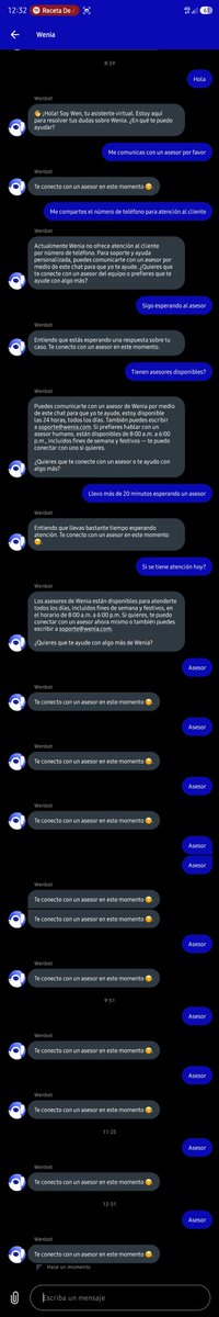 rocka8613's tweet photo. Buen día, si solo se ofrece el servicio al cliente de manera virtual, la gestión debería ser óptima para el usuario. Llevo 4 horas esperando un asesor y nada. @weniaoficial https://t.co/1qQgeSEhmd