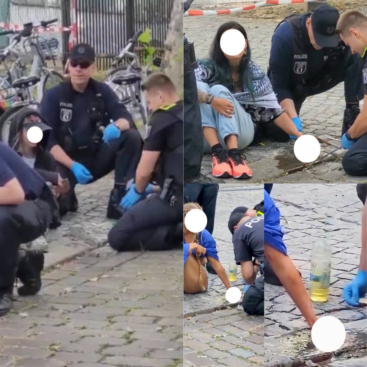 Wiimanu12's tweet photo. 🚨 INCREÍBLE PERO CIERTO 

Resulta que “activistas” se pegaron las manos al suelo con una mezcla similar al cemento durante una protesta en #Alemania 🇩🇪 por #palestina, al final, tuvieron que ser salvadas por unos valientes caballeros que se dedican a mantener el orden. https://t.co/y5eMGulA7S