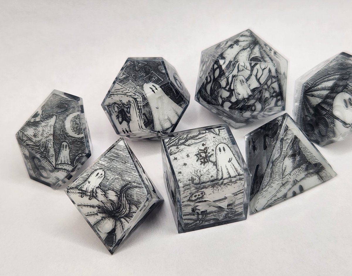Sinnamon_Dice's tweet photo. Ghost Stories Dice Sets are finally back! These are my absolute favorite.
Designs by @thisisjonturner please check him out he's awesome!
#dnd #ttrpg #handmadedice #dice #dungeonsanddragons
https://t.co/ouFsxFcFeZ https://t.co/cUR3KSeqp9