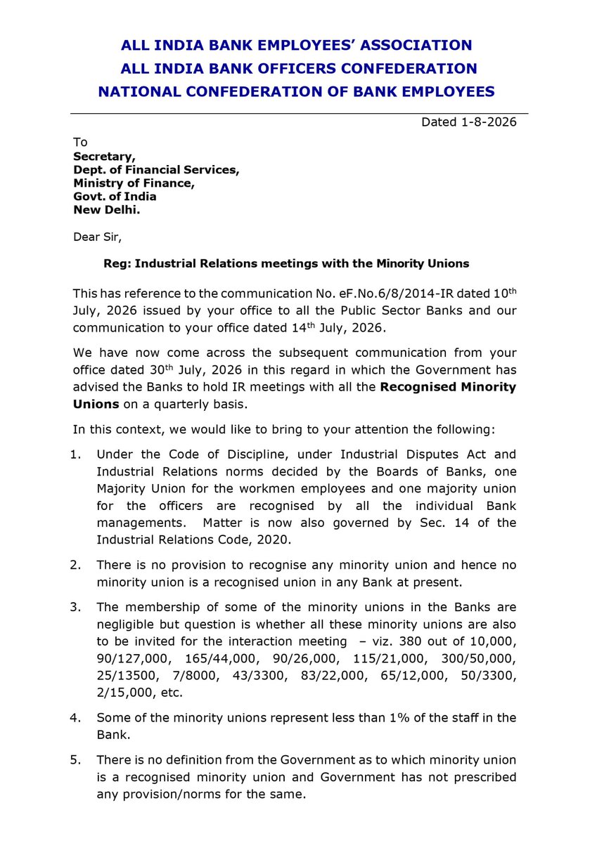 AIBEAofficial's tweet photo. Letter to DFS: Industrial Relations meetings with the Minority Unions
#AIBEA https://t.co/HmSyS2y6U5