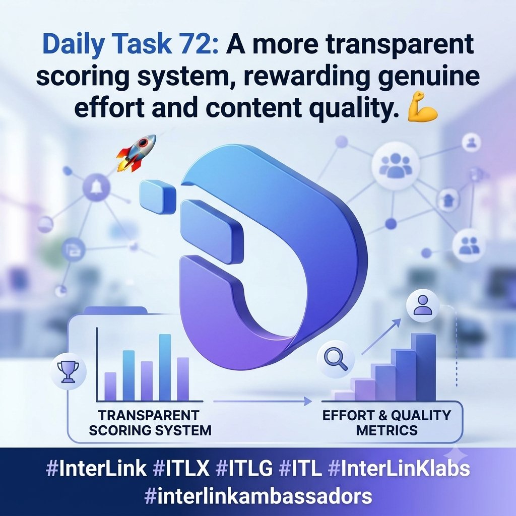 AakitiSaid77605's tweet photo. 2.🚀 Daily Task 72 introduces a more transparent scoring system that rewards genuine effort and quality content. Keep creating and keep growing! 💪 #InterLink #ITLX #ITLG #ITL #InterLinKlabs #interlinkambassdors https://t.co/phfELi7wMC