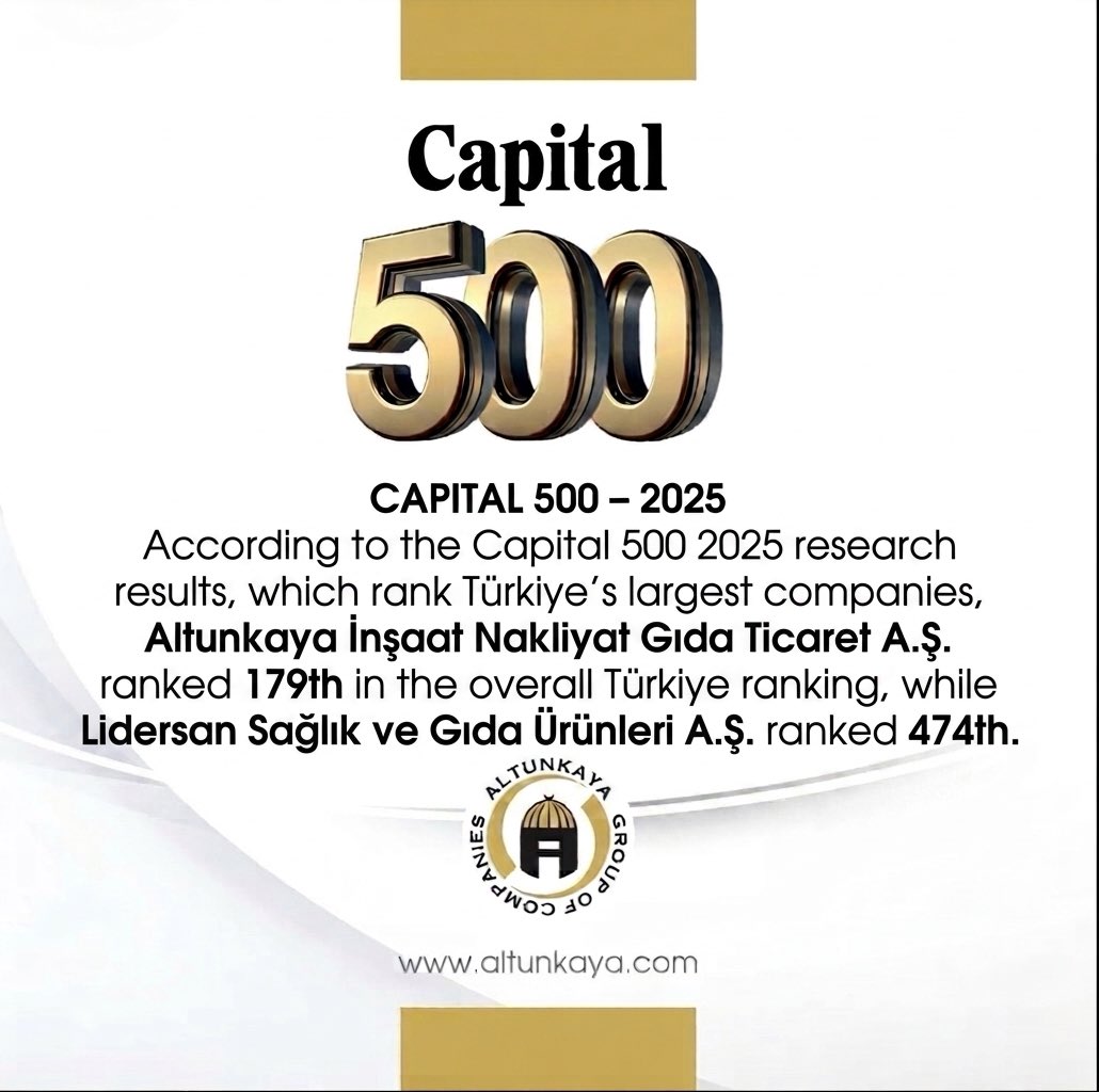 altunkayaglobal's tweet photo. Türkiye’nin en büyük şirketlerinin yer aldığı Capital 500 2025 yılı araştırma sonuçlarına göre;Altunkaya İnşaat Nakliyat Gıda Ticaret A.Ş., Genel Türkiye Sıralamasında 179. sırada, Lidersan Sağlık ve Gıda Ürünleri A.Ş. ise 474. sırada yer almıştır. #Altunkaya #Lidersan https://t.co/DGCf3CGDed