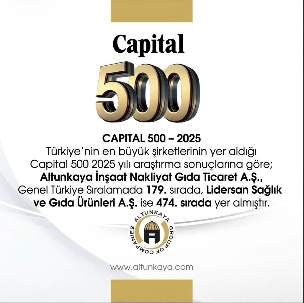 altunkayaglobal's tweet photo. Türkiye’nin en büyük şirketlerinin yer aldığı Capital 500 2025 yılı araştırma sonuçlarına göre;Altunkaya İnşaat Nakliyat Gıda Ticaret A.Ş., Genel Türkiye Sıralamasında 179. sırada, Lidersan Sağlık ve Gıda Ürünleri A.Ş. ise 474. sırada yer almıştır. #Altunkaya #Lidersan https://t.co/DGCf3CGDed