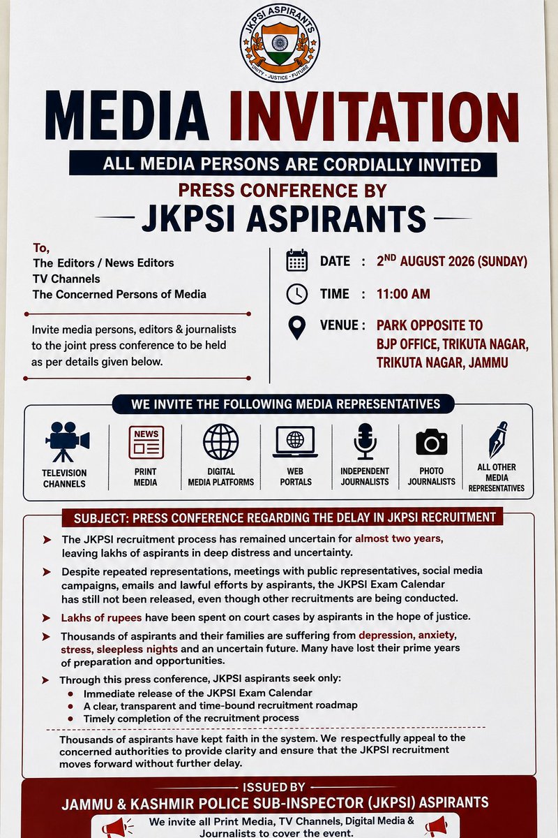 JKPSIBATCH2025's tweet photo. Almost two years.
All other exams conducted, but step motherly behaviour with JKPSI only
Join us as JKPSI aspirants address the media. 📍 Park opposite BJP Office, Trikuta Nagar, Jammu 🗓️ 2 August 2026 | 🕙 10:00 AM
#ReleaseJKPSIExamCalendar  #JusticeForJKPSIAspirants

@diprjk https://t.co/0uSG9fzAhS