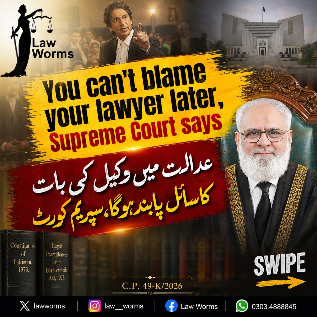 LawWorms's tweet photo. A lawyer assured the court that his client would vacate the disputed property. Later, the client denied authorising the statement. The Supreme Court ruled that a client is generally bound by a lawyer's courtroom statement unless fraud or lack of authority is clearly proved. https://t.co/ywhsmpwkfG
