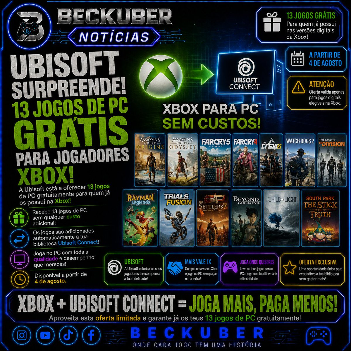 beckuberoficial's tweet photo. A Ubisoft anunciou uma oferta incrível para os jogadores Xbox!

Quem possuir versões digitais elegíveis na Xbox poderá desbloquear gratuitamente 13 jogos para PC através do Ubisoft Connect.

🎮 Uma excelente oportunidade para expandires a tua biblioteca sem gastar mais dinheiro. https://t.co/Jv3bUrI3hq