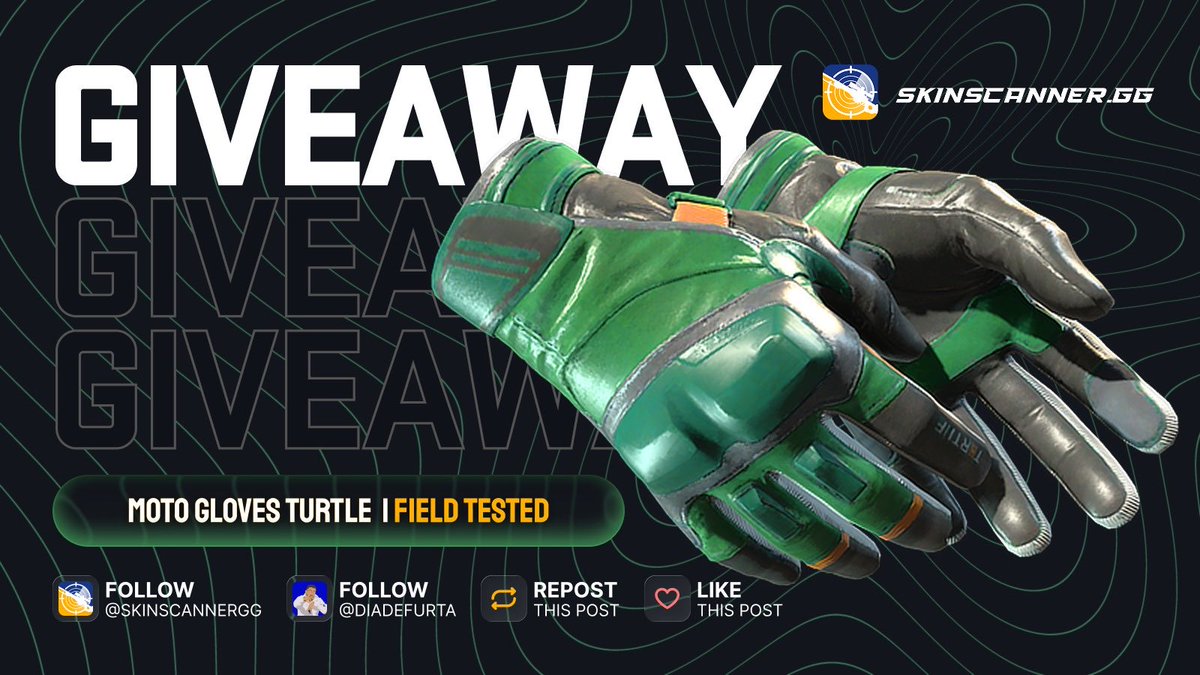 DiaDeFurta's tweet photo. Em parceria com a Skinscanner, faremos um giveaway de uma Moto Gloves Turtle (Field Tested) 

Para participar, basta:

Seguir @DiaDeFurta e @skinscannergg 
RT + Like neste tweet

Resultado sairá no dia 11 de Agosto, boa sorte a todos! 🫡 https://t.co/pMgr71zQ2E