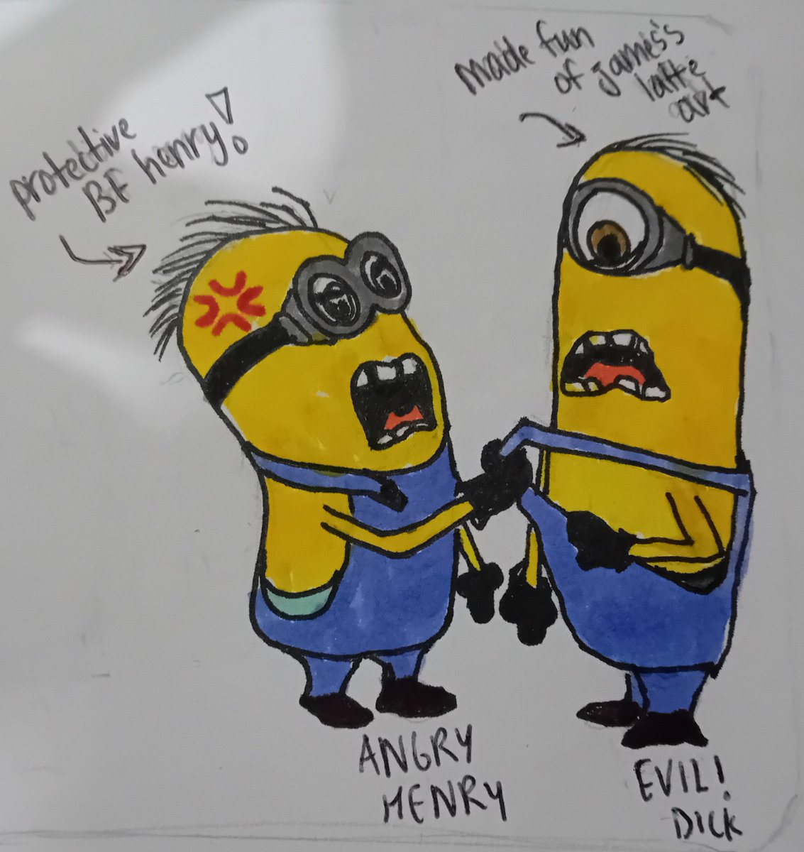 Xlikescats's tweet photo. Jenry AU where james and henry own a coffee shop/bakery

james decorates the food and drink and henry serves them [and also defends his bf james from bullies like dick] 

quick doodle for the #phanaugust26 challenge!
i really hope i manage to do all 30 days 🫡 

#miniontwt #jenry https://t.co/DniP0R92wd