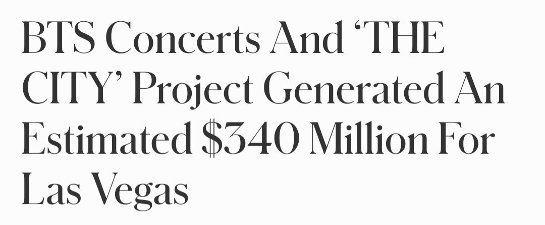 Pk_bts_land's tweet photo. According to Forbes, BTS' Las Vegas takeover generated an estimated $340M in economic impact. 260,000 fans attended 4 sold-out shows, 38 hotels joined the city-wide activation, TOUS les JOURS sales rose 68%, and the Arte Museum welcomed 5,000 visitors daily. https://t.co/CTYmerbeRq