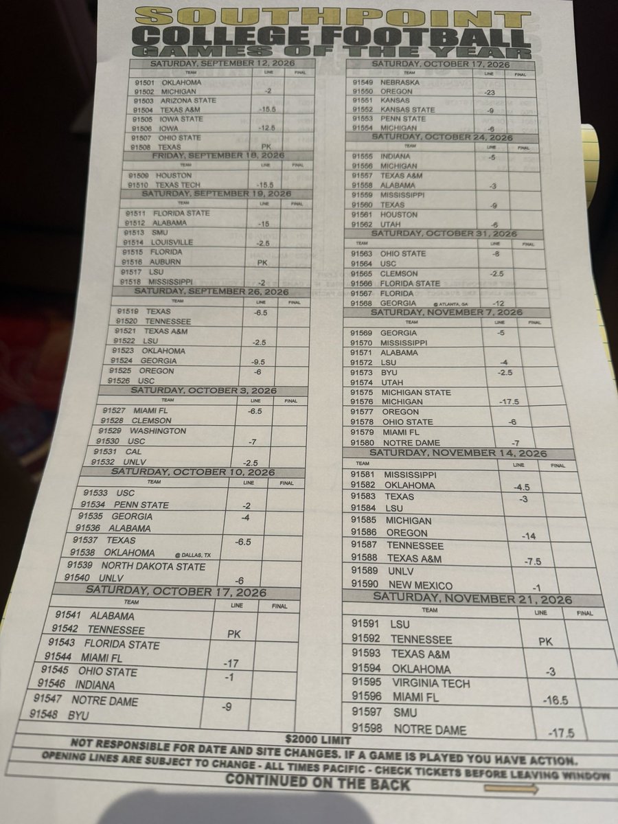PatrickE_Vegas's tweet photo. FYI: @southpointlv sportsbook posted its CFB Games of the Year at 10 a.m. Pacific today.

Among the notable early movers:

Utah from +2.5 to -1 vs. BYU, in a Nov. 7 matchup.

Utah took a couple $2,200 max bets at the counter, and some hits on the app too ($1K max). https://t.co/jqBEwtg0Ex