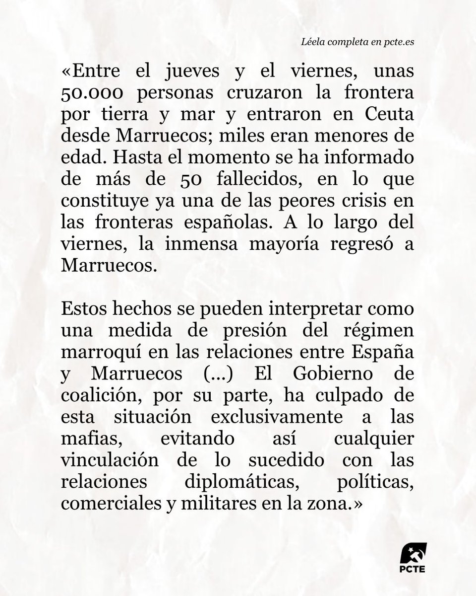 _PCTE_'s tweet photo. 📰 Nota de prensa: Ante la crisis migratoria en Ceuta.

«No existe ninguna salida favorable para la clase obrera sobre la base del racismo, la xenofobia o la competencia entre trabajadores, sino únicamente mediante la organización y la lucha conjunta contra quienes se benefician de nuestra explotación».