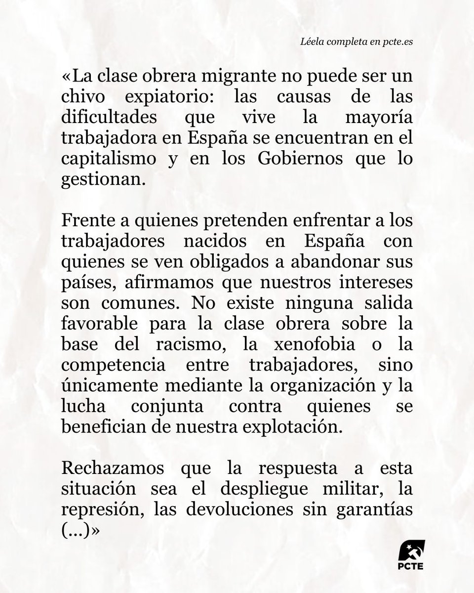 _PCTE_'s tweet photo. 📰 Nota de prensa: Ante la crisis migratoria en Ceuta.

«No existe ninguna salida favorable para la clase obrera sobre la base del racismo, la xenofobia o la competencia entre trabajadores, sino únicamente mediante la organización y la lucha conjunta contra quienes se benefician de nuestra explotación».