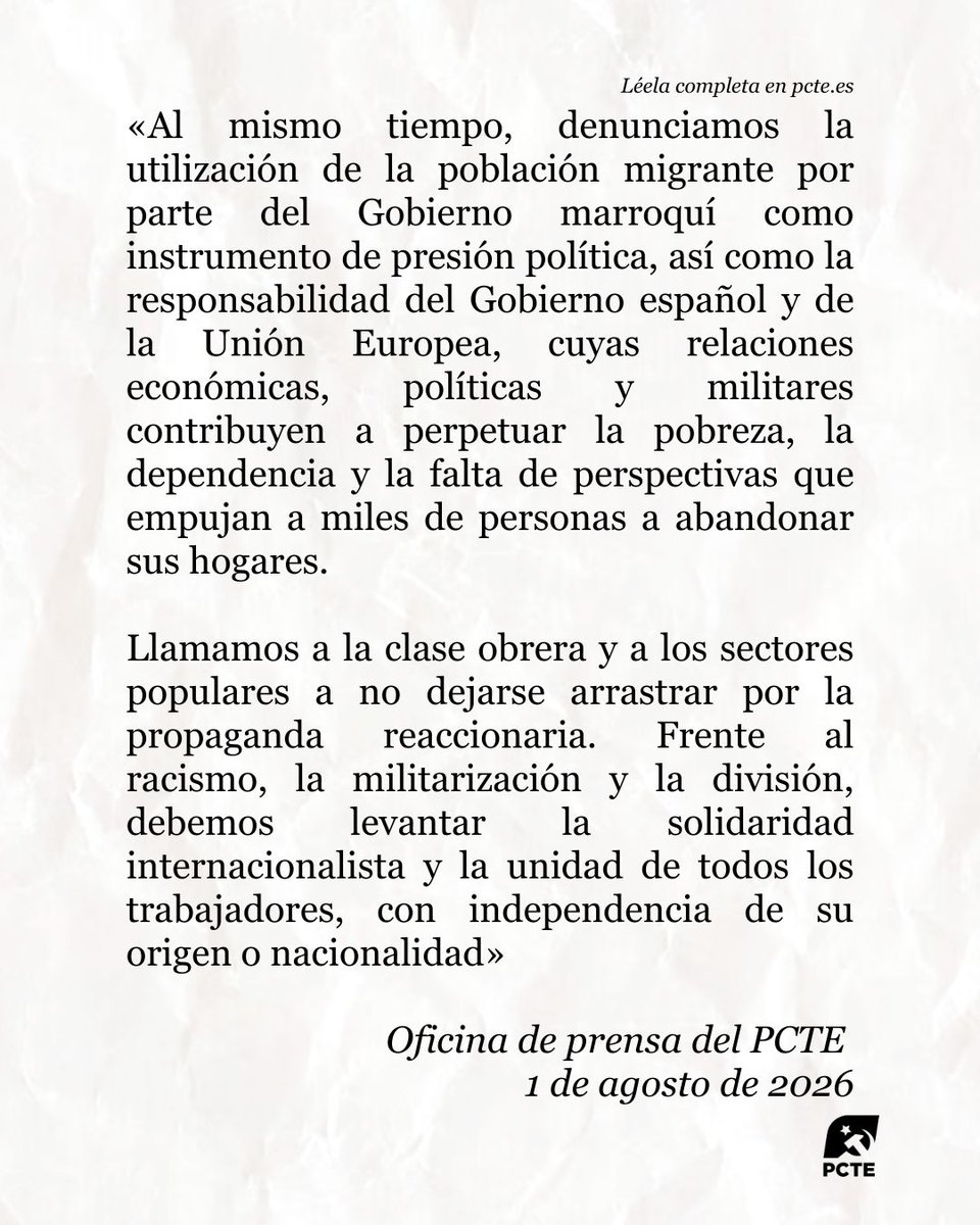 _PCTE_'s tweet photo. 📰 Nota de prensa: Ante la crisis migratoria en Ceuta.

«No existe ninguna salida favorable para la clase obrera sobre la base del racismo, la xenofobia o la competencia entre trabajadores, sino únicamente mediante la organización y la lucha conjunta contra quienes se benefician de nuestra explotación».