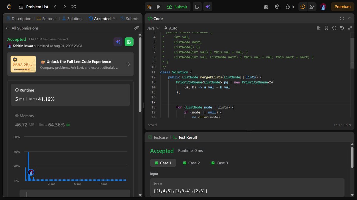 chinu_codes's tweet photo. 🚀 Back to Coding - @ali_In_bits
• Solved LC - Merge K Sorted Lists 🔗
• Used a Min Heap (Priority Queue) for efficient merging ⚡
• Strengthened heap-based problem-solving 🧠
#100DaysOfCode #Java #DSA #Heap #PriorityQueue #LeetCode https://t.co/4k6TmrzoGH