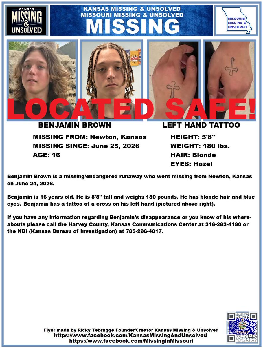 KansasMissing's tweet photo. BENJAMIN HAS BEEN #LOCATED SAFE!!! THANK YOU TO ALL WHO SHARED HIS FLYER!!!

#KansasMissing
#KansasMissingPerson 
#MissingInKS
#MissingInKansas
#MissingKansan 
#Newton
#Kansas
@AnnetteLawless https://t.co/6CgDTx9mit