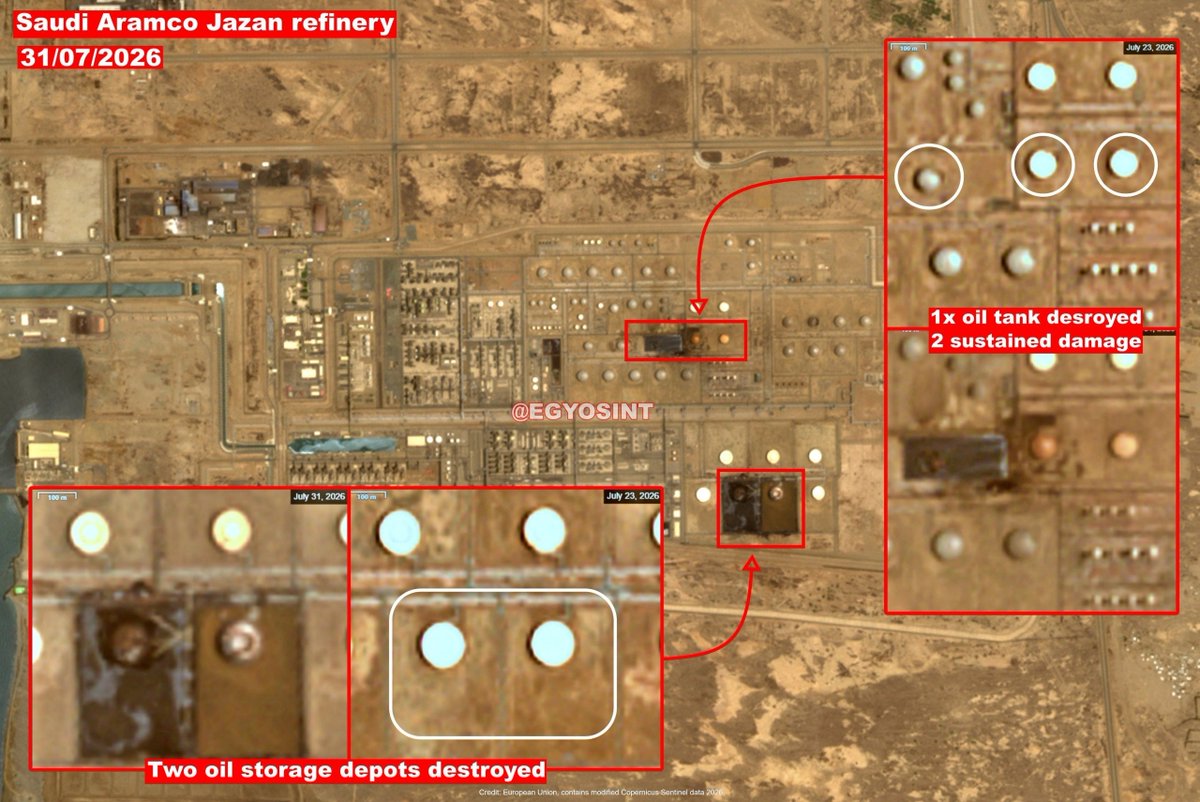 ZahraaAl757249's tweet photo. يا ربي لك الحمد والشكر..

صور حديثة التقطها القمر الأوروبي «Sentinel-2» 

تظهر  تدمير ثلاثة خزانات نفطية بالكامل وتضرر خزانين آخرين في مصفاة جيزان، جراء ضربات القوات المسلحة اليمنية.

#الحصار_بالحصار 
#التصعيد_بالتصعيد https://t.co/l9Jokp0PCz