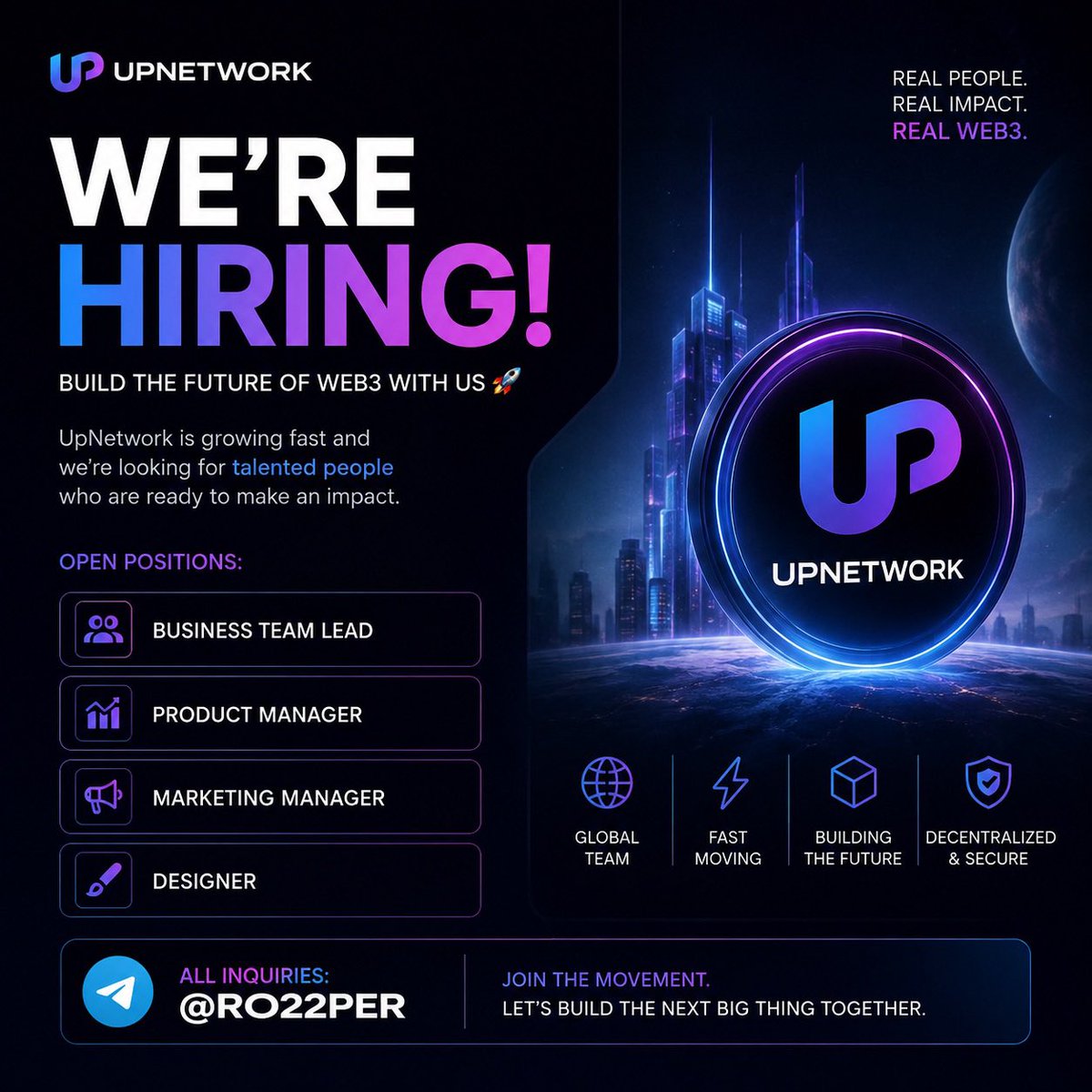 RO22PER's tweet photo. We’re hiring. Fast.
UpNetwork is looking for experienced people who want to build products that can reach millions not just fill a role.
Open positions:
Business Team Lead
Product Manager
Marketing Manager
Designer
If you’re ready to take ownership, move fast, and help shape the future of Web3, we’d love to hear from you.
The next chapter of UpNetwork starts now. Join us.
For all inquiries: Telegram @RO22PER.
#Upnetwork #web3 #job