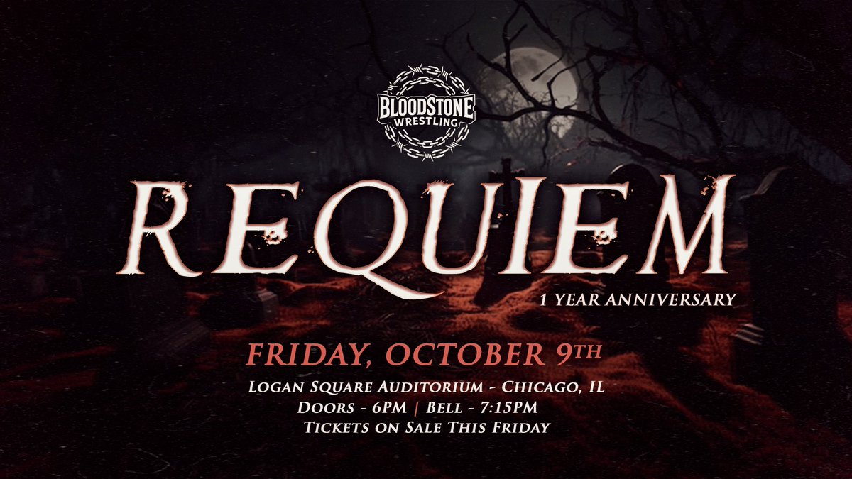 BloodStoneWres's tweet photo. ICYMI

🚨 TICKETS ON SALE NOW 🚨 

Bloodstone Wrestling returns to Chicago’s historic Logan Square Auditorium for REQUIEM, a celebration of our first anniversary. Join us for a night of revisiting the violent memories that defined our first year—and creating unforgettable new ones.

Tickets on sale NOW at https://t.co/qK1ROsfRjd

Already announced:
@DRxRedacted vs. @AyeChicoSuave [DOG COLLAR MATCH]
@therealdealterryyaki 
@vaughnvertigo 

ADDITIONAL INFO:

VIP packages are available to purchase for the first time ever. Here’s what the VIP package includes: early entry + front row seating, exclusive event poster signed by all of the talent, REQUIEM event exclusive t-shirt, Bloodstone lanyard, @JeppsonsMalort pins & wristbands.

We are aware of people sitting in seats they didn’t pay for so to fix this, colored wristbands will be given out to represent first, second, third and fourth row.

PARKING:

We strongly, STRONGLY suggest downloading the SpotHero app to reserve a parking space. It will save you the hassle of driving around Chicago for 30 minutes trying to find parking. You could reserve a parking spot for 10/9 RIGHT NOW on SpotHero if you wanted to. It is inexpensive and 100% worth it.

#BloodstoneREQUIEM #BloodstoneWrestling