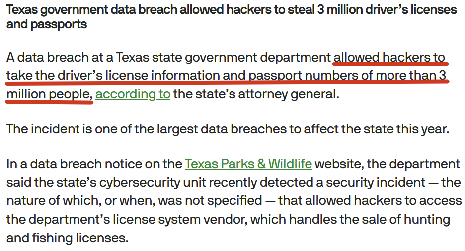 DeepHumor's tweet photo. Keep in mind that Texas is the same state that just had 3 MILLION government IDs get leaked, and that leak had NOTHING to do with online age verification

Imagine how much worse it will be when they mandate all social medias to do ID verification https://t.co/INXWGyPaqH