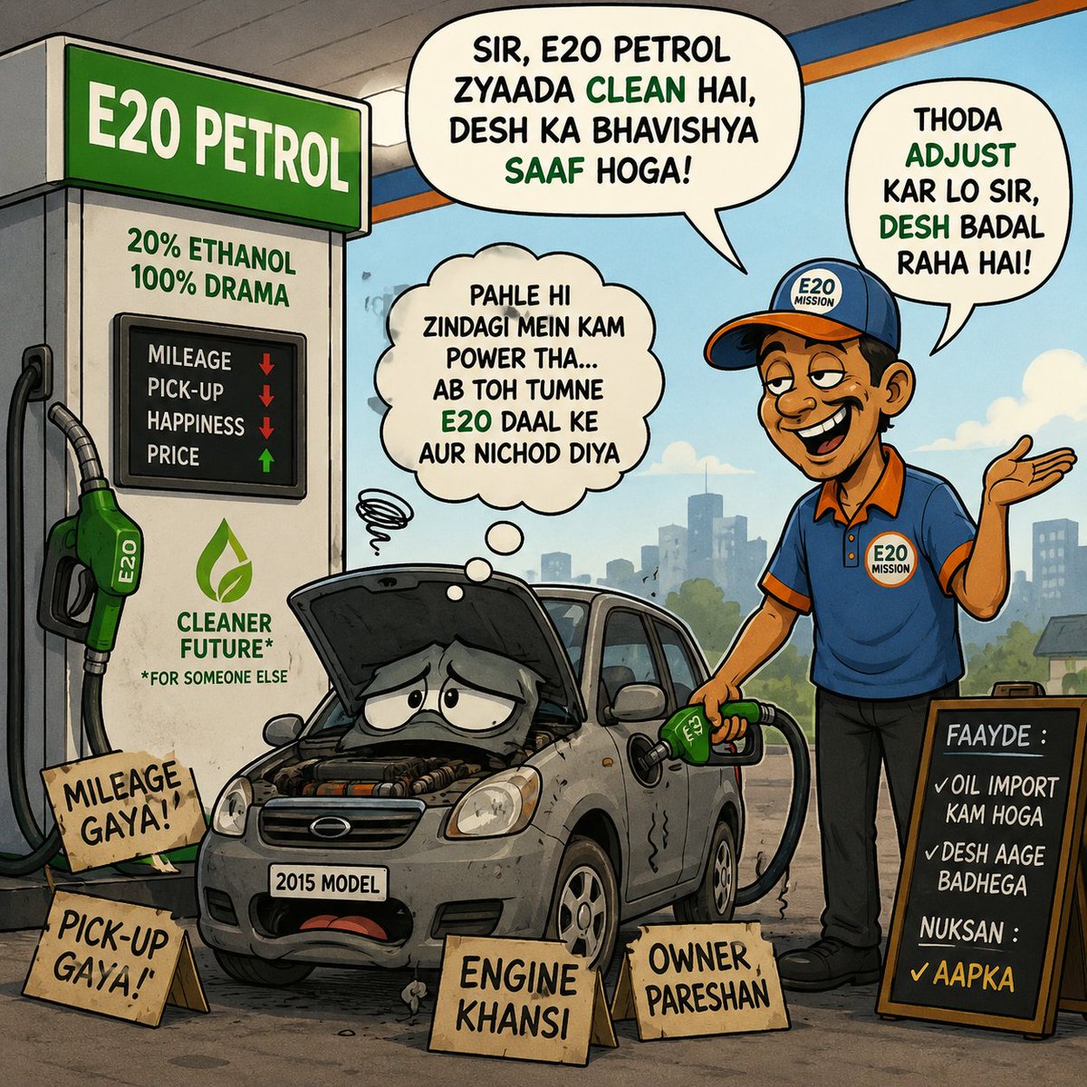 _lie_fe_'s tweet photo. Environmental goals matter. So do consumers. If E20 is being promoted nationwide, transparency on mileage, pricing, and compatibility should come first. 
@nitin_gadkari sir.
#E20Petrol #india https://t.co/SVszahDs64