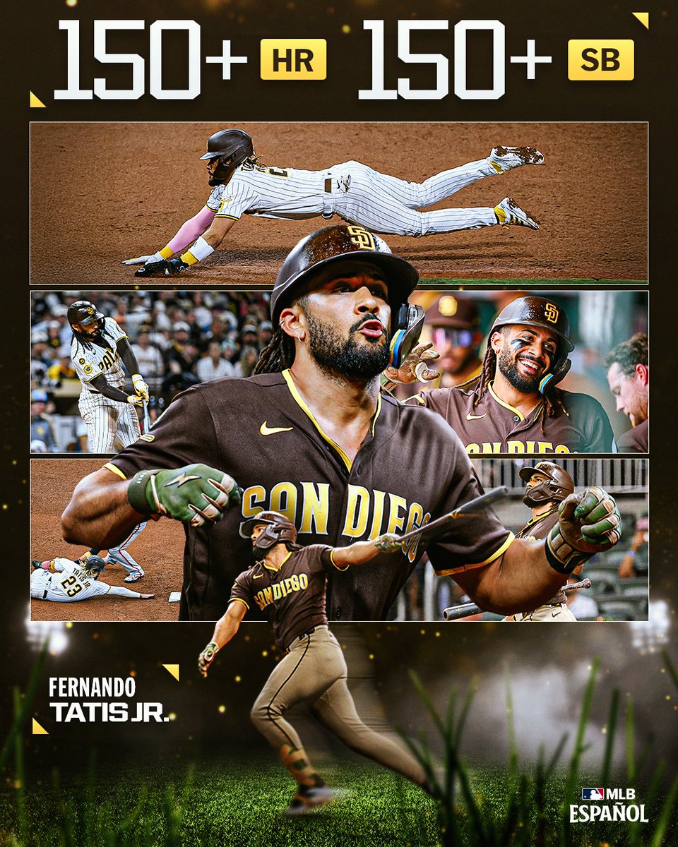 mlbespanol's tweet photo. ¡Máxima velocidad! 🏃‍♂️💨

Ayer, Fernando Tatis Jr. se convirtió en el 11mo jugador en la historia de MLB que consigue 150+ HR y 150+ SB antes de cumplir los 28 años. https://t.co/HisKOsdHWC