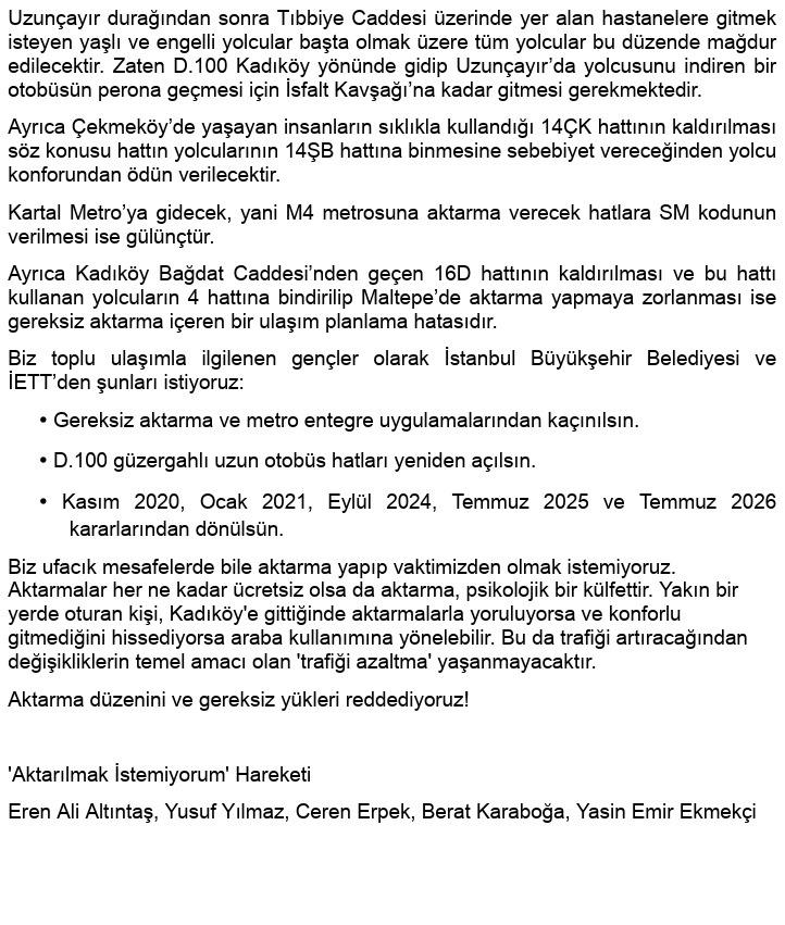 kaptan_nemo_'s tweet photo. ibb'nin kadıköy'e giden otobüs hatlarını uzunçayır'a kısaltması sonrası bir grup vatandaş bu aktarma düzeninin yolcu konforuna uygun olmadığına dair bildiri yayınladı

otobüsten otobüse aktarma mantığını doğru bulmayan biri olarak kendilerinin yanında olduğumu belirtmek isterim https://t.co/GntCOemoRw