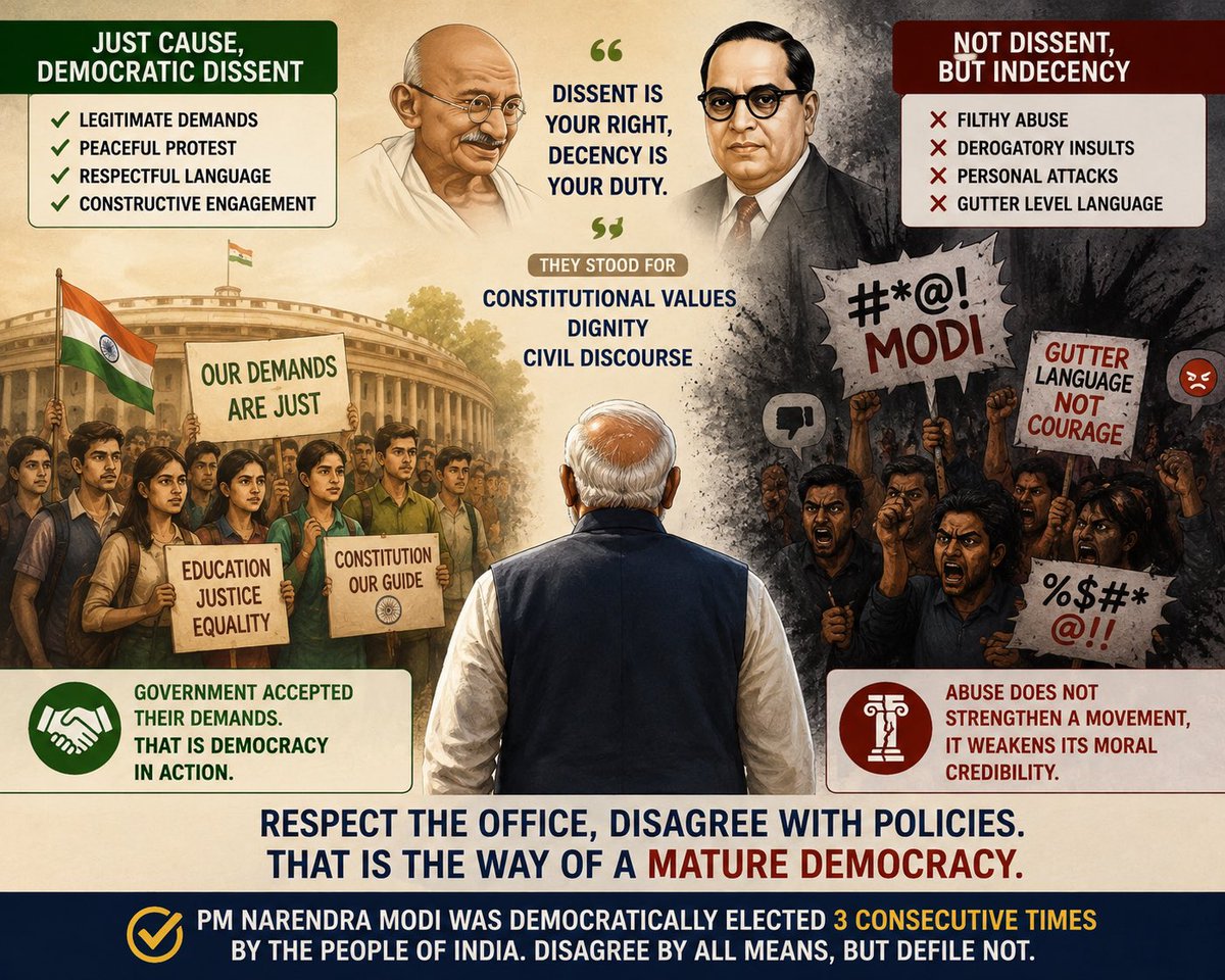 KANABARDr's tweet photo. Attempts by people like @abhijeet_dipke & @_YogendraYadav of defending those who hurled filthy, abusive & derogatory insults at PM Narendra Modi are in fact weakening the moral credibility of the movement they claim to support.

The demands of the agitating students were legitimate—and that is why the Government accepted them. But a just cause can never become a licence for gutter-level abuse.

There is a clear difference between dissent and indecency.

Ironically, throughout the movement, the names of Mahatma Gandhi and Dr. B.R. Ambedkar were invoked repeatedly. Both these leaders stood for dignity constitutional values & civil discourse. Either of them would have not endorsed the personal abuse against @narendramodi who has been democratically elected 3 consecutive times by the people of India.
@AmitShah @byadavbjp @blsanthosh