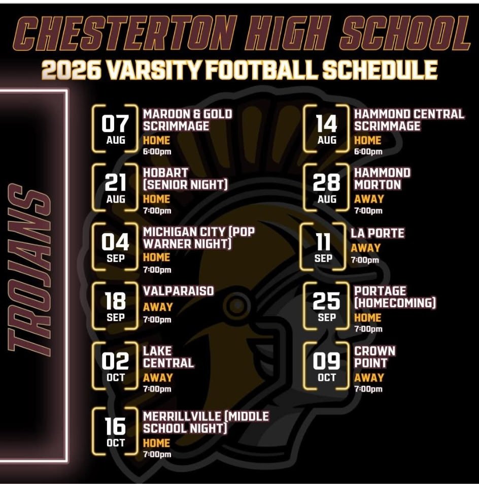 ZWesterlund2027's tweet photo. Schedule for Chesterton Trojans varsity football https://t.co/m3Roi4m1g6