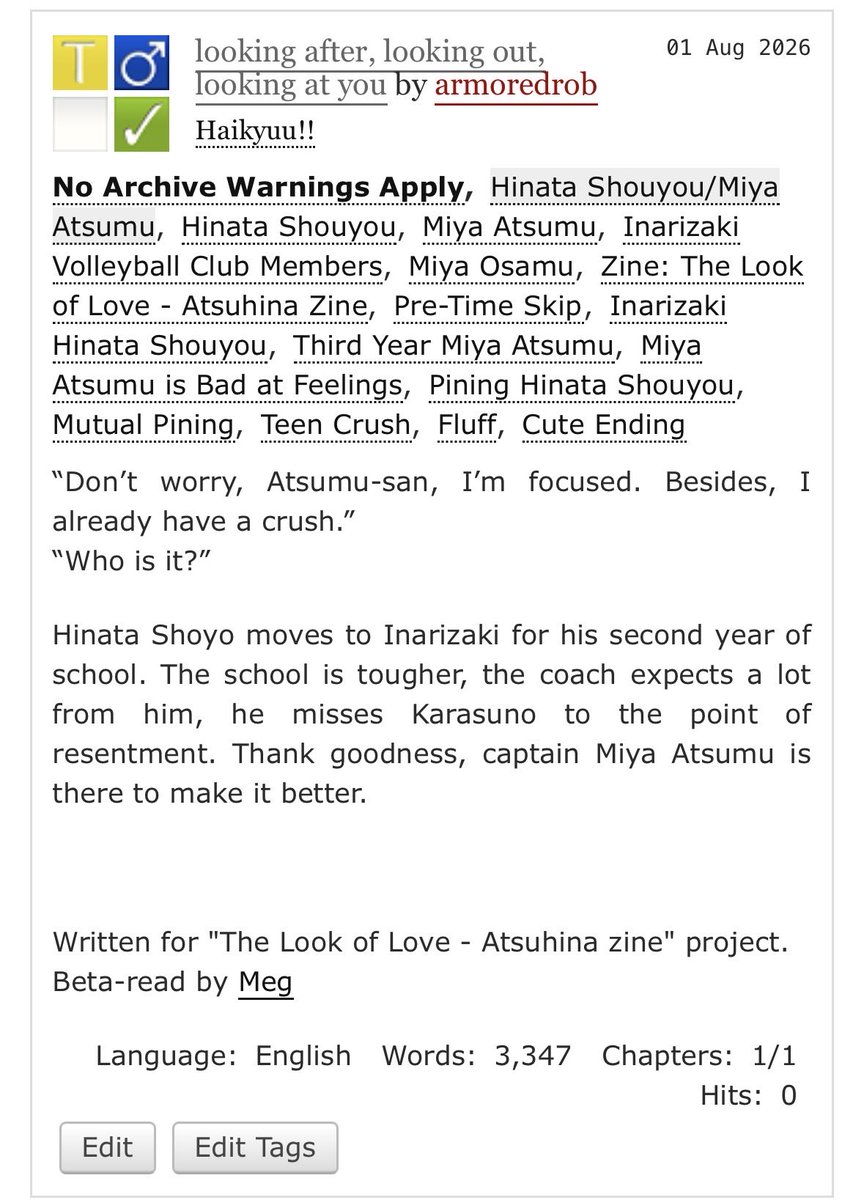 armoredrob's tweet photo. +++BREAKING+++ author armoredrob gets very emotional about the bsky atsuhina community in the end note of this.
Puppy love atsuhina! They both have a crush on each other! Hinarizaki AU! Written for the 
@LookofLoveZine project 

Enjoy! 
https://t.co/I3A9k41kul https://t.co/n0ee65Q2r8