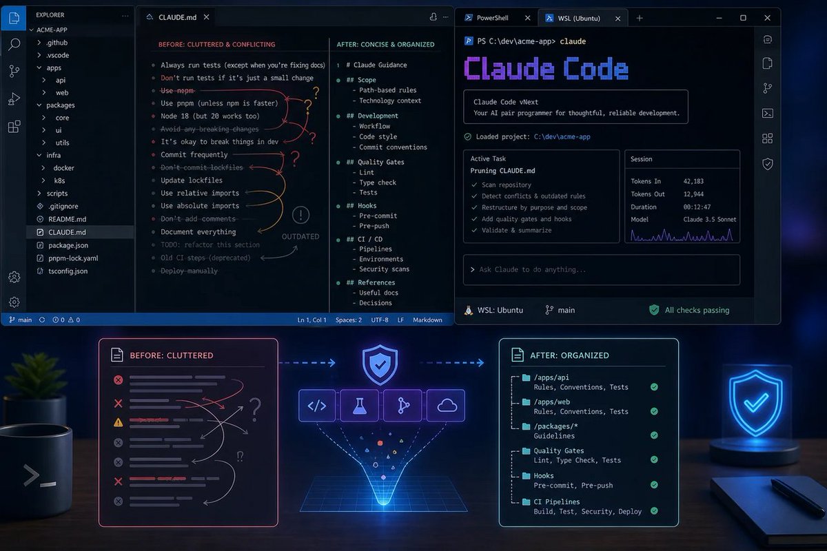 windowsforum's tweet photo. 🤖 Your AI coding agent doesn’t need a 500-line rulebook—it needs current instructions. Prune stale CLAUDE.md files before yesterday’s workaround becomes today’s reliability bug.
https://t.co/qKLuW2ebKe
#DeveloperTools #WindowsDevelopment #ClaudeCode #AiCodingAgents https://t.co/59sY8bpmzO