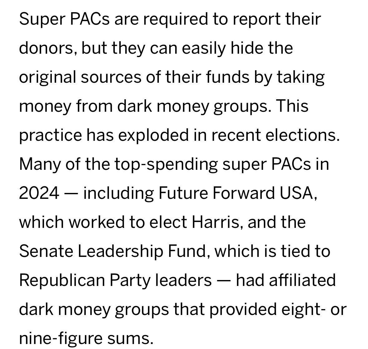 WeSee2024's tweet photo. It is antisemitic to keep repeatedly singling out AIPAC, especially when they’re not a dark money PAC and disclose donors.

Qatar has spent over $400 BILLION into nearly every section of the American government for influence. Some estimates are $1 trillion when gifts are added in.

They’re NEVER called out by the people screaming AIPAC.

Bernie Sanders literally created and runs a dark money PAC. Our Revolution doesn’t disclose all its donors  and it’s never called out. Neither is Sanders called out for his hypocrisy. 

The most spending in dark money for the 2024 election cycle was Future Forward for Kamala Harris and Senate Leadership Fund for Republicans. They spent BILLIONS!! It’s not called out or explained. 

Tom Steyer a billionaire spent millions to buy a governorship in California and the SAME people hollering about AIPAC cheered him on.

It’s hypocrisy and straight up pure raw antisemitism, to repeatedly go after the group with mainly Jewish American donors. POINT BLANK PERIOD!!