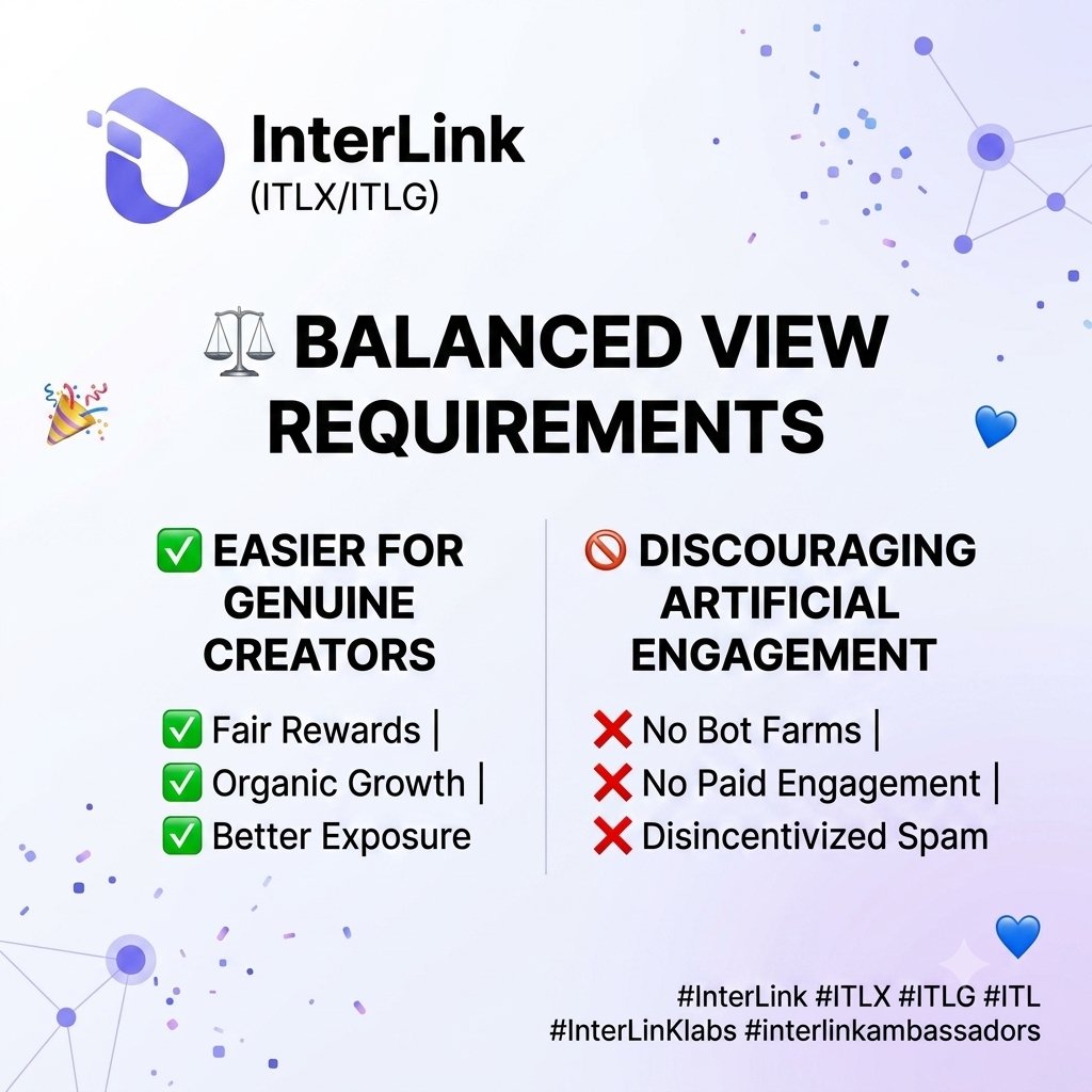 AakitiSaid77605's tweet photo. 8.🎉 Balanced view requirements make it easier for genuine creators while discouraging artificial engagement. Great update! 💙 #InterLink #ITLX #ITLG #ITL #InterLinKlabs #interlinkambassdors https://t.co/h26I7a8PH2