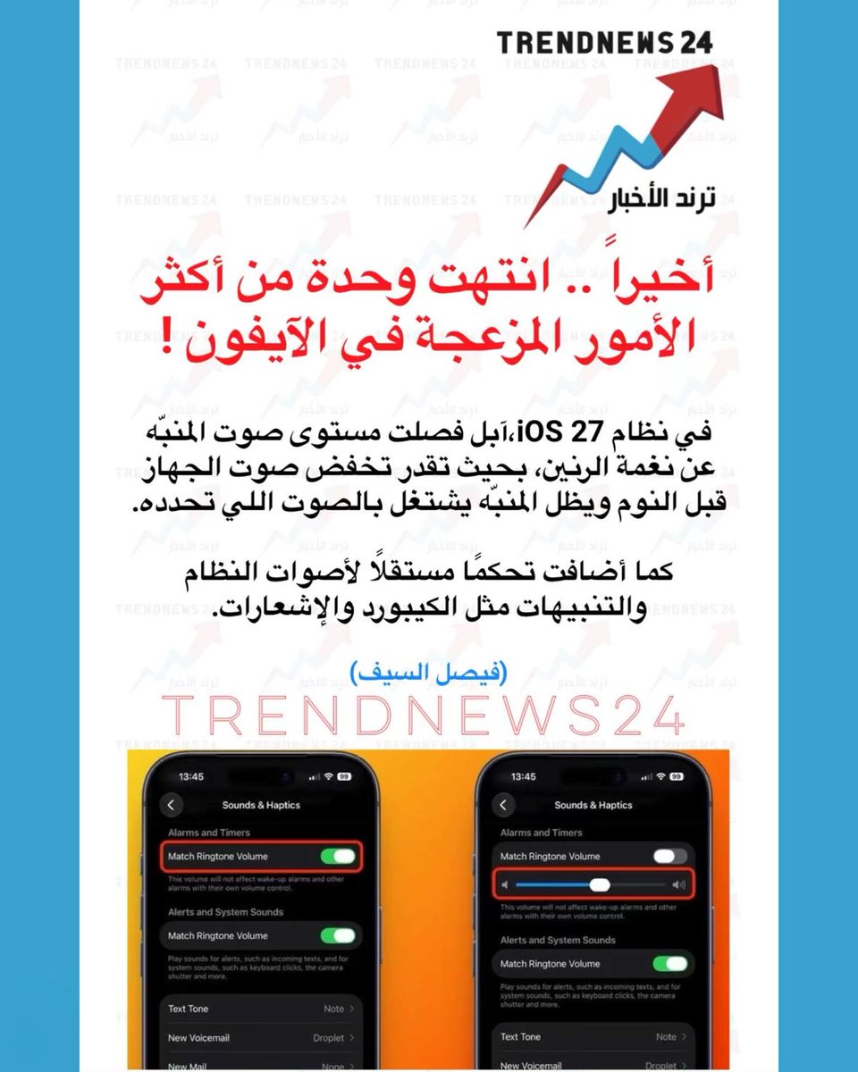 trendnews_24's tweet photo. أخيرا .. انتهت وحدة من أكثر الأمور المزعجة في الآيفون !

في نظام iOS 27،آبل فصلت مستوى صوت المنبّه عن نغمة الرنين، بحيث تقدر تخفض صوت الجهاز قبل النوم ويظل المنبّه يشتغل بالصوت اللي تحدده.

كما أضافت تحكمًا مستقلاً لأصوات النظام والتنبيهات مثل الكيبورد والإشعارات.

(فيصل السيف) https://t.co/odrNxna4Bp