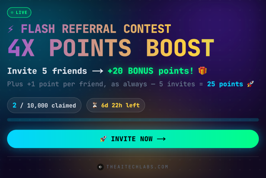 Ai_TL_official's tweet photo. 🚀 FLASH REFERRAL CONTEST: 4X POINTS BOOST IS LIVE! 🔥

The 100M $ATL Whitelist Event is coming to an end in just 14 DAYS! But we are spicing things up with an incredible limited-time offer.

For the next 7 DAYS ONLY, we are launching our official 4X Referral Boost Contest! 💥
Invite your friends now and stack up your points 4X faster! ⚡️

📊 Points Boost System (Next 7 Days & First 10K Only):
❌ Old Rate: 1 Referral = 1 Point
✅ NEW 4X BOOST RATE: Per 5 Referrals = 20 Points + regular bonus! 🎉
✅ Batch Wise with every 5 Referrals.

🌐 Visit our official website: https://t.co/44kqUUtTUq

⚠️ Note: This 4X Points Boost will expire in 7 days. Don't miss this massive opportunity to climb the Whitelist leaderboard!

#AITechLabs #ATL #Whitelist #CryptoAirdrop #ReferralBoost #EarnCrypto #Web3Community #GiveawayAlert #CryptoRewards #100MATL