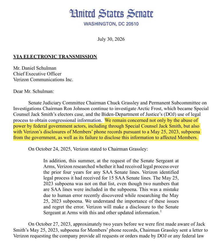 julie_kelly2's tweet photo. NEW: Sen. Grassley, joined by 15 Senate Republicans, is investigating Verizon related to toll record subpoenas issued by Special Counsel Jack Smith.

It appears Verizon was not forthcoming in response to a 2023 request by Grassley for all subpoenas tied to members of Congress: https://t.co/iPBUX0Ecjq