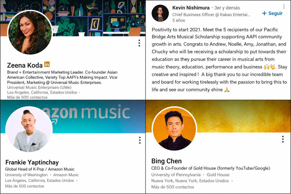 BTSDailyChile's tweet photo. 6/

Al observar la imagen aparecen varias conexiones públicas.

👤: Kevin Nishimura es ejecutivo de Kakao Entertainment Global, matriz de SM Entertainment, además de desempeñar funciones en la Recording Academy, Gold Music Alliance y Pacific Bridge Arts Foundation.

🔗https://t.co/H5LpJBL2W3

👤: Zeena Koda es cofundadora de Asian American Collective, integra el Comité Asesor de Gold Music Alliance y es miembro de la Recording Academy.

🔗https://t.co/N7gKKybvnZ

👤: Frankie Yaptinchay – Global Head of K-Pop and J-Pop en Amazon Music y gobernador de la Recording Academy.

🔗https://t.co/cbVNUeUWIw

👤: Bing Chen – Cofundador y CEO de Gold House. Exejecutivo de YouTube y una de las figuras más influyentes en iniciativas de representación asiática en Estados Unidos. Desde Gold House ha impulsado proyectos para aumentar la visibilidad y el liderazgo de profesionales asiáticos en distintas industrias, incluida la música, y su organización es una de las entidades fundadoras de Gold Music Alliance.

🔗https://t.co/52EwDkcII8

ART HAS NO ALIENS
#ArtHasNoAliens
