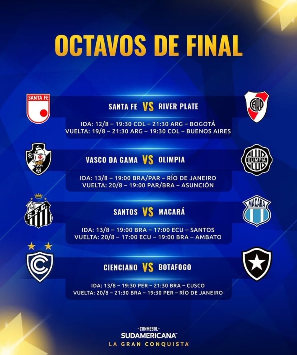 golazotropical1's tweet photo. #conmebolsudamericana2026
11de agosto
#BocaJuniors #Recoleta en BsAs
13deagosto
#Vasco #Olimpia en Río de Janeiro
Octavos de finales
@ClubVeteranos de Prensa
#CVP🇳🇱 https://t.co/CbRpuFthyu