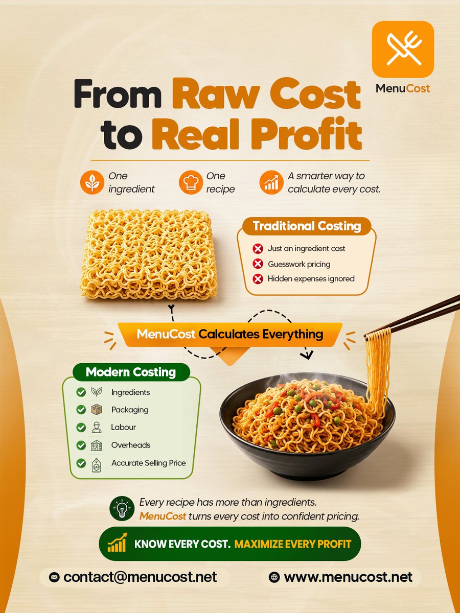 MenuCost_net's tweet photo. This poster clearly shows the journey from raw ingredient cost to true profitability. It highlights how MenuCost includes every hidden expense to help businesses price accurately and maximize profit.

#MenuCost #RestaurantProfitability #FoodCosting https://t.co/4JTQePHt4s