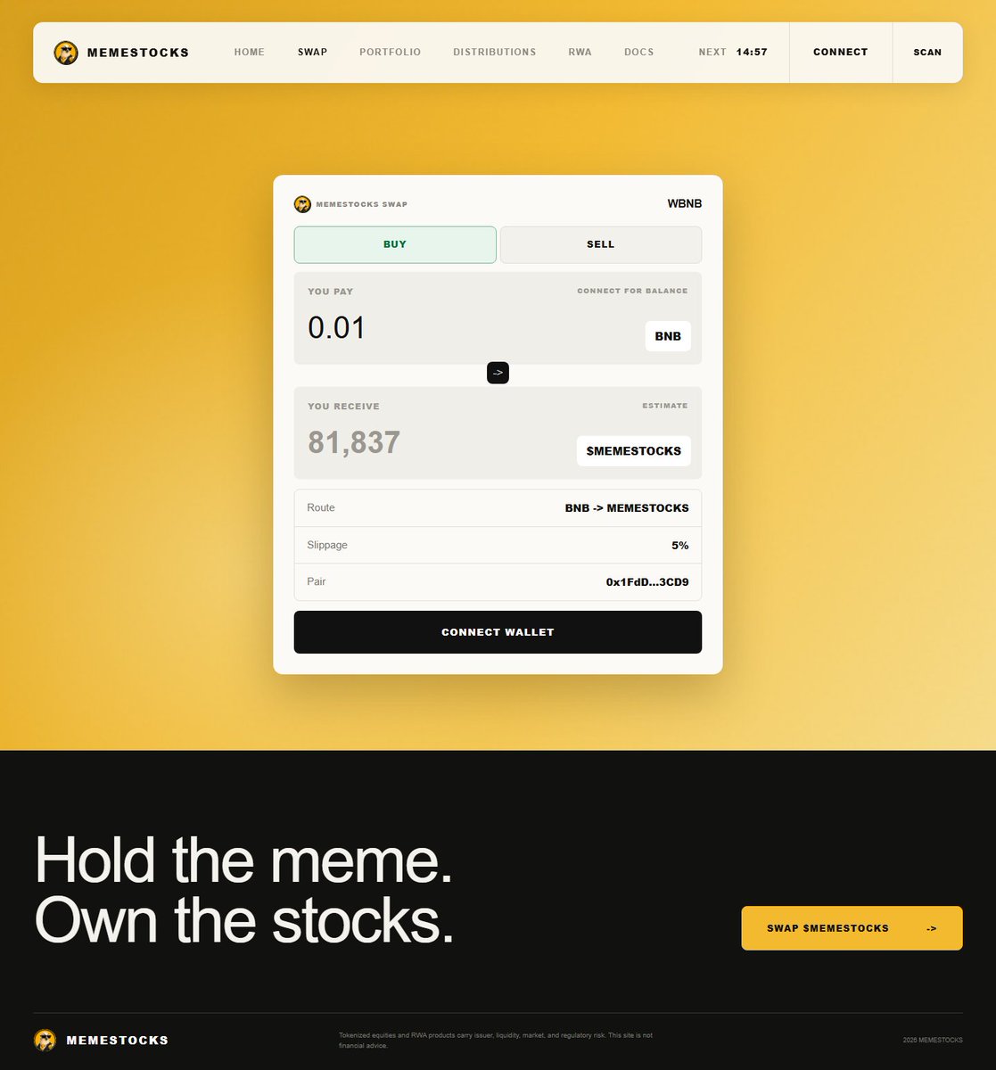 MEMESTOCKS_ETF's tweet photo. Swap feature hitting the official site soon! 🚀 
Watch the chart pump while your stock dividends stack up in real-time. 
Double the gains, double the fun. I think you need more of it. 📈💎
#BSC #MEMESTOCKS #CZ #INDEX https://t.co/BxvDdIFn40
