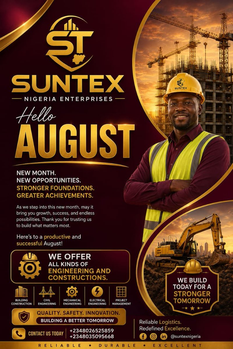 Suntexnigent's tweet photo. Hello August! 🌸
Welcome to a month of new opportunities and bigger projects.

From all of us at SUNTEX NIGERIA ENTERPRISES
We wish you a productive, peaceful and prosperous month.

Your trusted partner for DESIGN, BUILD &amp; SUPPLY
📞 0803 509 5668
#HappyNewMonth #August #Suntex https://t.co/Pf4ljmHkcG