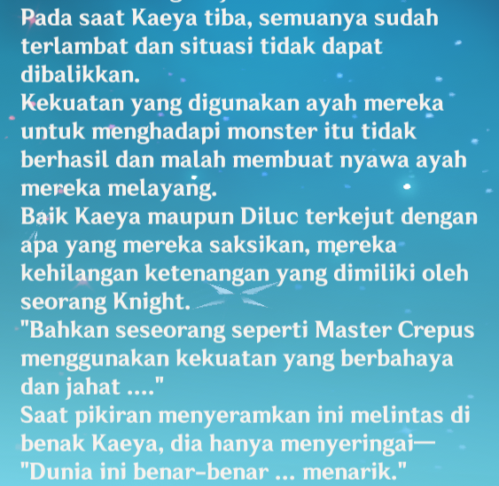 Irdint's tweet photo. so posisi kaeya sebenarnya g' begitu berpengaruh dgn lore utama GI. dia cuma anak yg berusaha diselamatkan dari proyek gila.

jadi semisal akhirnya kaeya terlibatpun kebimbangan dia, apakah dia malah balik setuju dngan ide neneknya atau tetap berpihak ke keputusan si ayah. https://t.co/NcgwOJSNf2