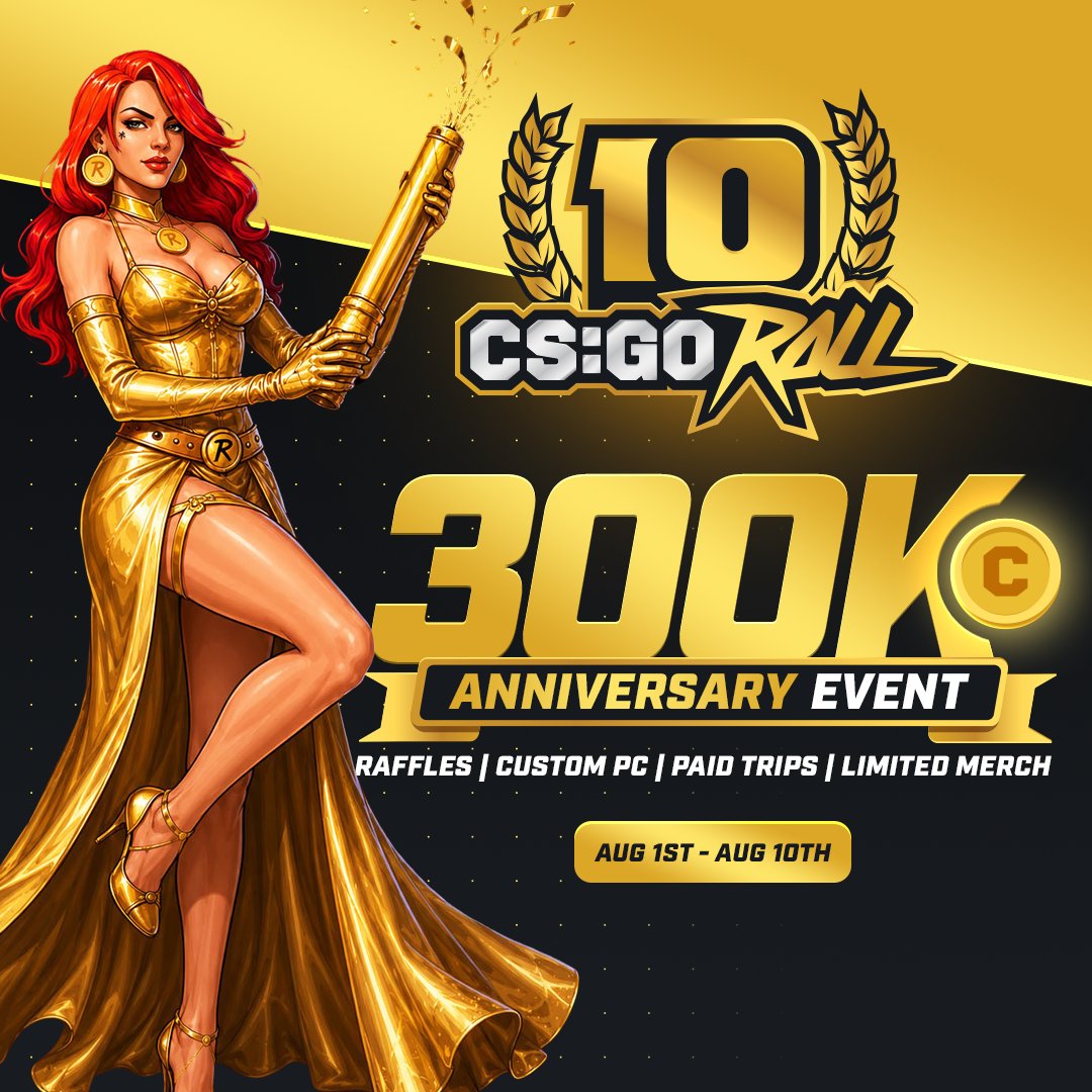 CSGORoll's tweet photo. ⭐️ 300K 10 YEAR ANNIVERSARY EVENT ⭐️

10 years of epic wins. 10 years of innovation. 10 years of the best community. We've been through it all and we'd be nowhere without you. We want to celebrate in a BIG way.  We've got raffles on raffles for you ALL 🎟️
 
10 Day 100,000 Raffle 🪙

1st - 10th August
Includes Special Prizes 🎁
💻 Custom CSGORoll branded PC - purring with an RTX 5080
🛫  3x Paid VIP Tournament Trips for two - 4 nights accommodation, flight gift cards & VIP tickets
🧢 50x limited merch items - shirts, caps, bags and towels

Daily 20,000 Raffles 🪙
every day, until the 10th August