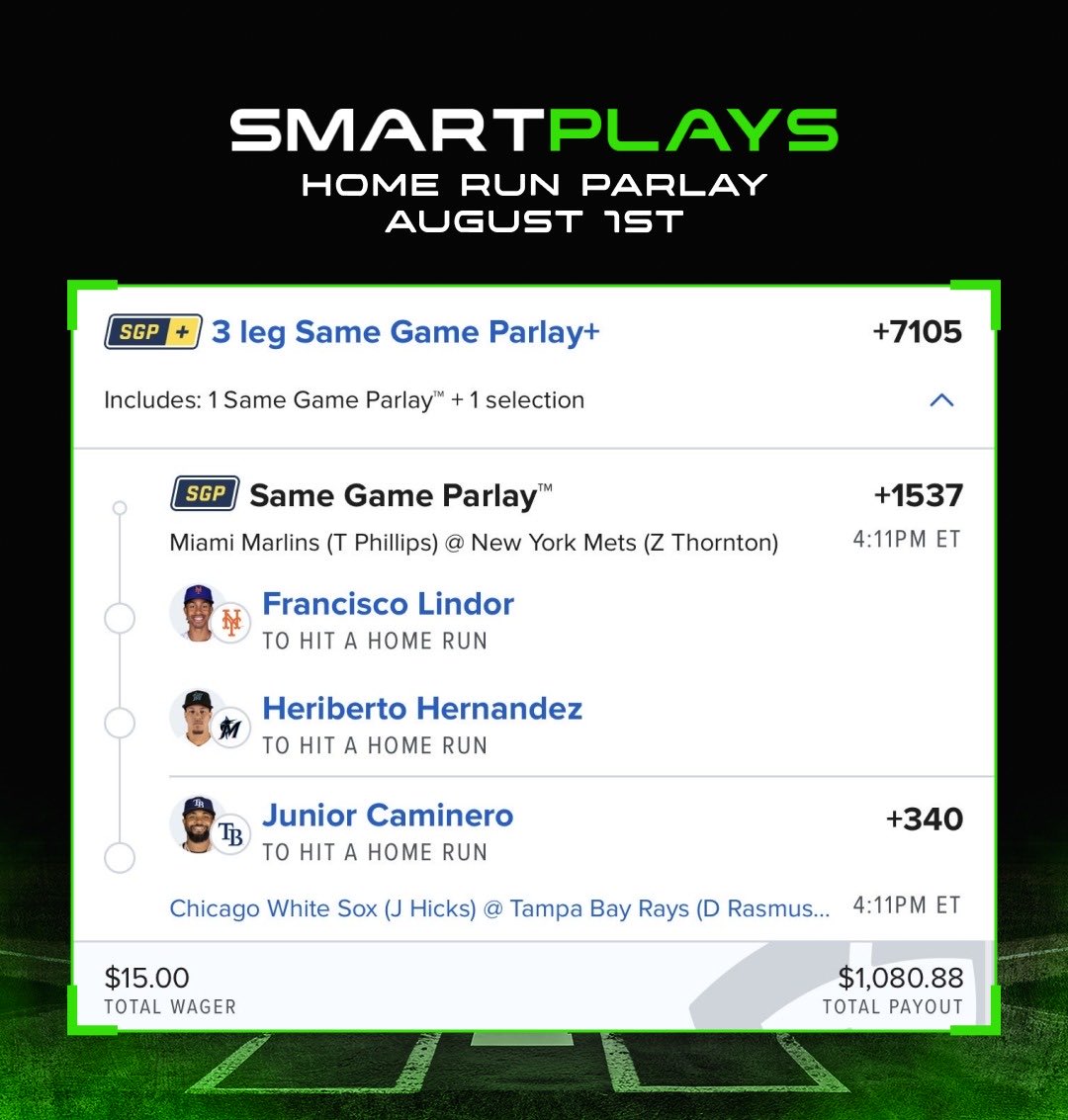 SmartPlaysDaily's tweet photo. EARLY SATURDAY DINGERS 💥 (+7105)

Let’s flip $15 into $1,000 on a Saturday ☀️ https://t.co/hbdgUmo9vt