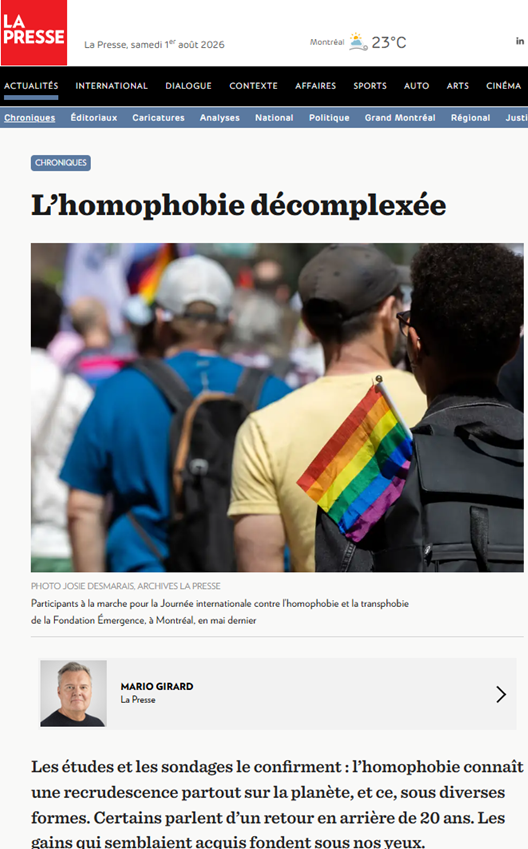 PhilipeBoudreau's tweet photo. «L’homophobie et la transphobie sont aujourd’hui des leviers de polarisation politiques. En banalisant le discours haineux, les leaders polit savent qu’ils attirent dans leurs filets des gens qui trouvent leur équilibre dans le rejet de l’Autre, le rejet de ce qui n’est pas eux.» https://t.co/5rwmuZ7dtw