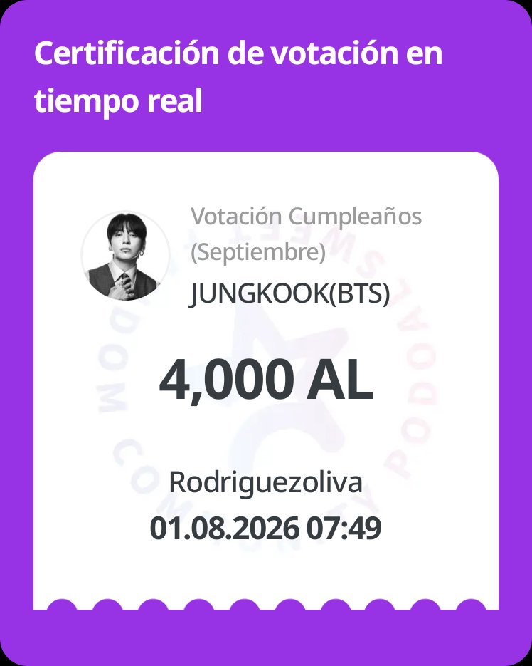imperioarmyMex's tweet photo. 🍇포도알 (PODOAL)
2026.07.23 ~ 2026.08.06
Votación Cumpleaños (Septiembre)
Acabo de votar con
4000AL por JUNGKOOK(BTS)!❤️
¿Te unes para apoyarlo(a) conmigo?

https://t.co/mraJ57YPi6 https://t.co/s8oSY41qeZ