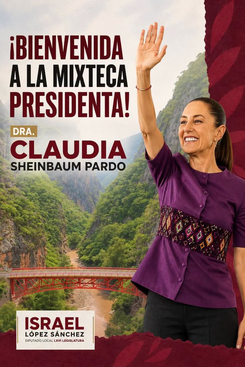 lopez_isra's tweet photo. Bienvenida a la Mixteca, Presidenta Claudia Sheinbaum Pardo; los invito acompañemos a nuestra Presidenta a escuchar su mensaje al pueblo Mixteco.

Nos vemos en Santo Domingo Tonalá, donde también conoceremos los avances del Plan Lázaro Cárdenas del Río, una estrategia que impulsa el desarrollo y bienestar de nuestra región.

#LXVILegislatura #GPMorena