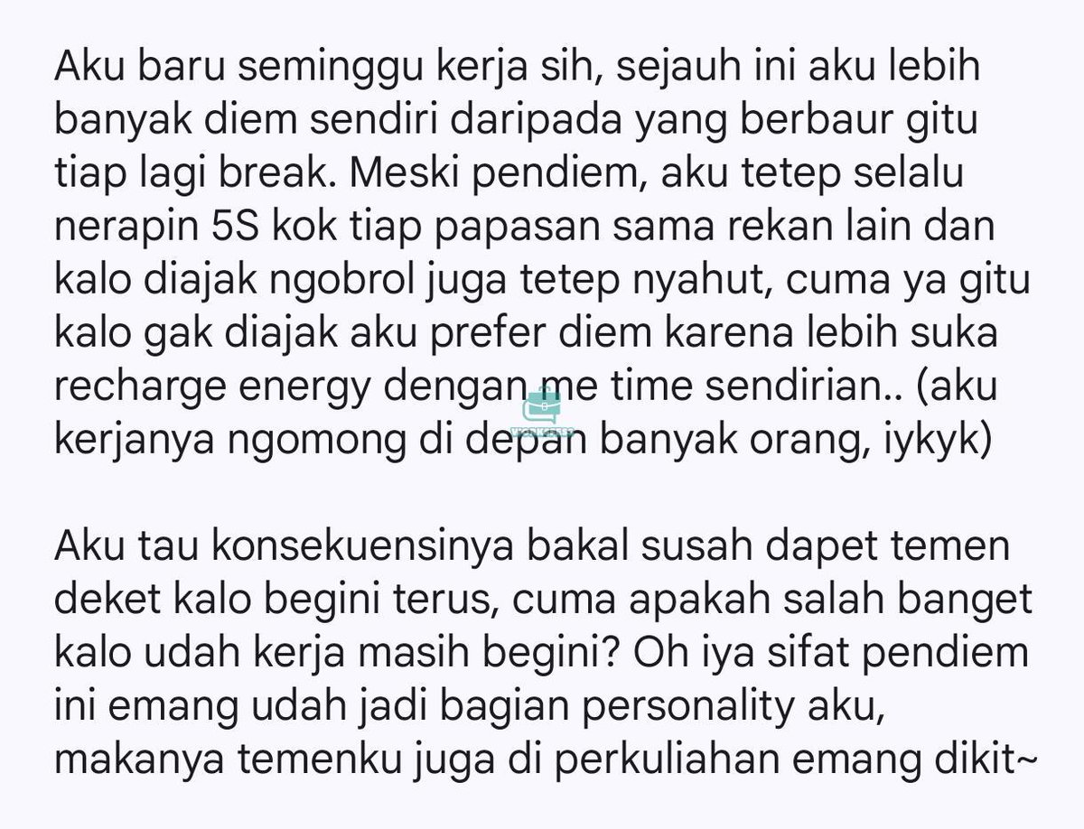 worksfess's tweet photo. Sebenernya salah gak sih jadi pendiem di kantor tuh? 🙃

Ini pertama kalinya aku sbg FG kerja full-time WFO btw setelah sebelumnya tiap intern selalu WFA. work! https://t.co/plHEjUFAK1