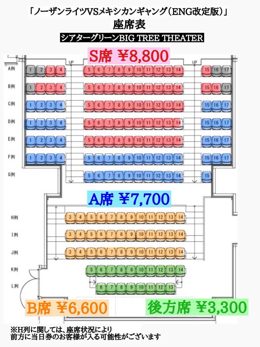 DearEng's tweet photo. そのシグナル（���難信号）で
世界は反転する

ENG第26回公演
「ノーザンライツVSメキシカンギャング（ENG改定版）」

#ノーギャン

作　中田真弘（大統領師匠）
演出　福地慎太郎

2026年10月9日（金）〜18日（日）
シアターグリーンBIG TREE THEATER

10月
9日（金）　19時
10日（土）　13時　18時☆
11日（日）　13時　18時
12日（月）　19時
13日（火）　19時
14日（水）　14時　19時
15日（木）　19時
16日（金）　19時
17日（土）　13時　18時
18日（日）　12時　16時★

全15ステージ

受付開始は開演1時間前を予定しております。
（初日のみ1時間半前に受付開始します）
開場は30分前です。
星は配信回です。
☆4カメスイッチング配信
★定点配信

【チケット販売】

○ENG公式FC「ENGist Club」先行販売
8月8日（土）22:00から8月10日（月）23:59まで

［ご入会］
https://t.co/s1tGGqsChy

※ご予約に際しては、Plus memberID・会員番号（４桁）の入力が必要となります。
※先行販売は、【「ENGist Club」に8月5日(水)24時までにご入会の方】が対象となります。
何卒、ご了承ください。
※8月7日に会員様にご予約フォームをお送り致します。

○一般販売
8月15日（土）22:00〜
ご予約フォームは後日公開

【席種】
◆S席
8,800円（税込）
※ 最前2列とセンターブロ���クE列まで

◆A席
7,700円（税込）
C列~F列サイドブロック&F.G列センターブロック

◆B席
6,600円（税込）
後���ブロックH〜Jまで

◆後方席
3,300円（税込）
後方2列K.L列

※座席選択可能となります。
※live pocketでのご予約となります。
事前のご登録をお済ませください。
※ご希望であれば応援するキャストをお選びいただけます。
※ご購入後のキャンセル、座席位置等の変更のご要望はお受けできません。予めご了承頂いたお客様のみご購入ください。
※満席時はH列の前に補助席が出る可能性があります。
※万が一、販売開始に際しシステムトラブルなどによりご予約フォームが使用出来ない場合は、公平を期すために販売開始を延期させていただきます。

【配信&オリジナルグッズについては後日お知らせとさせていただきます】

【役者名&役名】（敬称略）

ノーザンライツ号船長　イガラシ
木村優良

戦闘員　カサハラ
鵜飼主水

オペレータ���　ミノリ
宮島小百合

技術・通信担当　ハマタニ
中村龍��

ベテランクルー　フチザキ
石部雄一

科学者　サクヤ
松木わかは

操縦士　ノゾエ
小早川俊輔

船内カウンセラー　シノブ
舞川みやこ

システム管理担当　マドカ
シミズアスナ

コック長　オカダ
我膳導

別府信江（ベップ　ノブエ）
水崎綾

中島梓 (ナカジマ　アズサ)
梅田悠

朝霞豆介（アサカ　マメスケ）
藤堂瞬

牧秀仁（マキ　ヒデヒト）
五十嵐啓輔

朝霞菜々（アサカ　ナナ）
千歳まち

馬場琢磨（ババ　タクマ）
西海龍人

須藤望（スドウ　ノゾミ）
中野裕理

萩元一成（ハギモト　カズナリ）
高田淳

【プロキシマーズ】
上島純也
隈本秋生
小林諒大
後藤真

【あらすじ】

銀河歴78186年——。

銀河帝国軍の探索船〈ノーザンライツ号〉は消息を絶った宇宙海賊船〈メキシカンギャング号〉を追い、船長・イガラシを筆頭に個性豊かな乗組員達を乗せ孤独と退屈の中で互いを支えながらも、２年間に渡り果てしない航海を続けていた。
 
そんなある日、微弱な救難信号を受信する。
彼らが辿り着いたのは、宇宙の漂流域に静止する１隻の故障船……。
しかも、その内部は自分達の船と驚くほど酷似していた。
イガラシらが調査し見つけたのは、奇妙な痕跡と破損したロボットが1体。
そして、呼び覚まされる記憶の断片……。

現実と幻覚の境界が崩れ、乗組員達は自分達の「存在理由」を知る。
 
やがて現れる、メキシカンギャング号の影。
崩壊する秩序の中で、イガラシたちは決戦に挑む——。

【スタッフ】（敬称略）
作　中田真弘（大統領師匠）
演出　福地慎太郎
音楽  三善雅己／うさぎダッシュ
アクション　根本太樹
振付　中野裕理(mediterranean lily
 and fever)
舞台監督　吉田慎一
演出助手　苅羽悠
舞台美術　濱田真輝
音響　星知輝
殺陣効果音　山本美智子
照明　申政悦
照明オペレーター　金子優之輔
衣裳デザイン　前野里佳（K&Mラボ）
衣裳制作　アン•パドレ/原実音
衣装進行　浅水香穂
ヘアメイク　MAMIKO/JURO
小道具　松橋成美
特殊造形　上島純也
演出部　松橋成美
アンダー　真野未華/市森正洋/長田健壱
ビジュアル撮影　渡辺慎一
ブロマイド撮影 添田晃史
稽古場写真オフショット撮影　松本依真/加賀谷羽菜
宣伝美術　二朗松田/大串潤也(mepakura)
グッズデザイン　升田智美(Mdesign)/大串潤也(mepakura)/立花さな/二朗松田
イラスト:小林未往（合同会社flipper）
撮影・配信　彩高堂
web制作　松本依真
制作　backseatplayer
プロデューサー　佐藤修幸

【企画・製作】
株式会社ENG-AGE