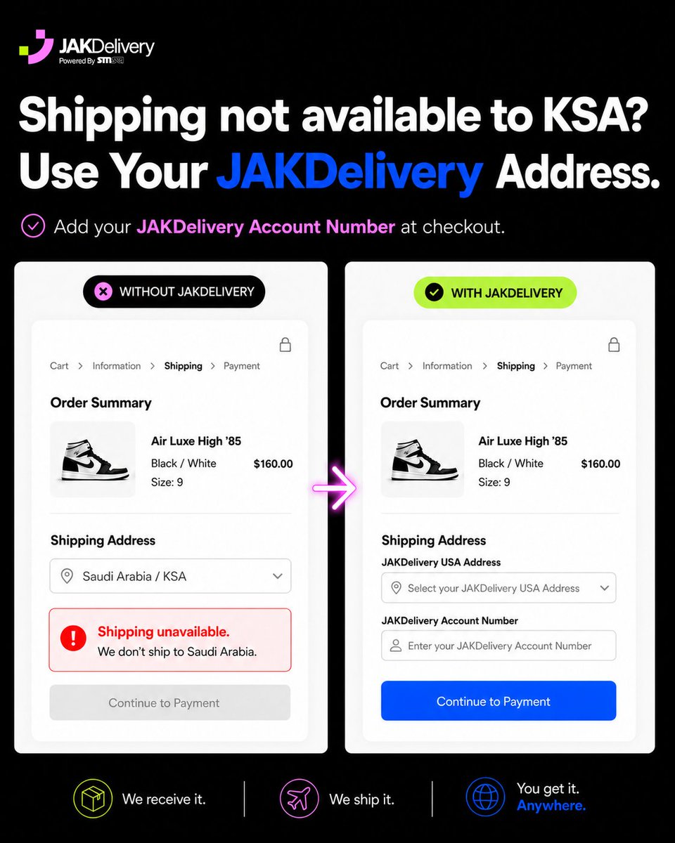jakdeliver's tweet photo. Online Store doesn’t ship to Saudi Arabia?

Use your JAK USA Address and JAK Account Number at checkout and keep the order moving.

Shop Global with JAK.

Download the app or visit https://t.co/cQTzM4wOmB for free registration.

#JAKDelivery #JAKAddress #ShopGlobalWithJAK https://t.co/aSFPsgGAh0